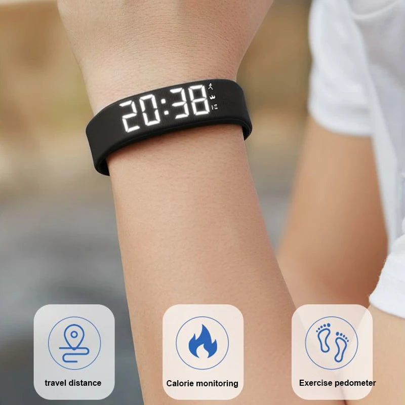 Black vibrating alarm wristband with LED display worn on the wrist