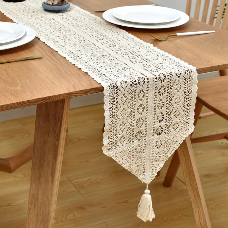 Crochet Lace Table Runner – Beige Christmas Table Decor with Tassels