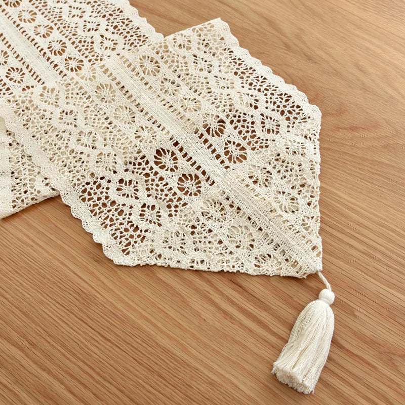 Crochet Lace Table Runner – Beige Christmas Table Decor with Tassels