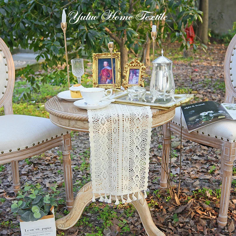 Crochet Lace Table Runner – Beige Christmas Table Decor with Tassels