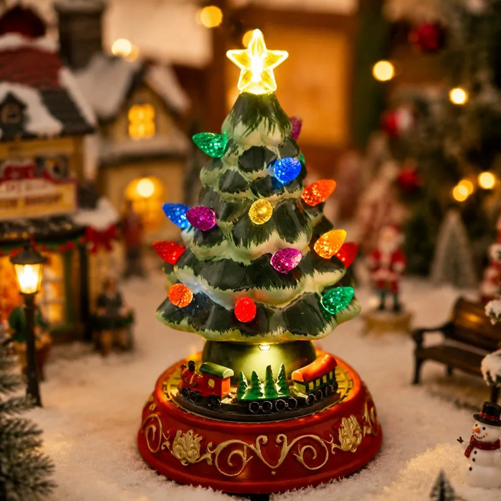 Ceramic Christmas Village Tree – LED Tabletop Holiday Decor