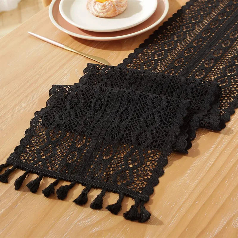 Crochet Lace Table Runner – Beige Christmas Table Decor with Tassels