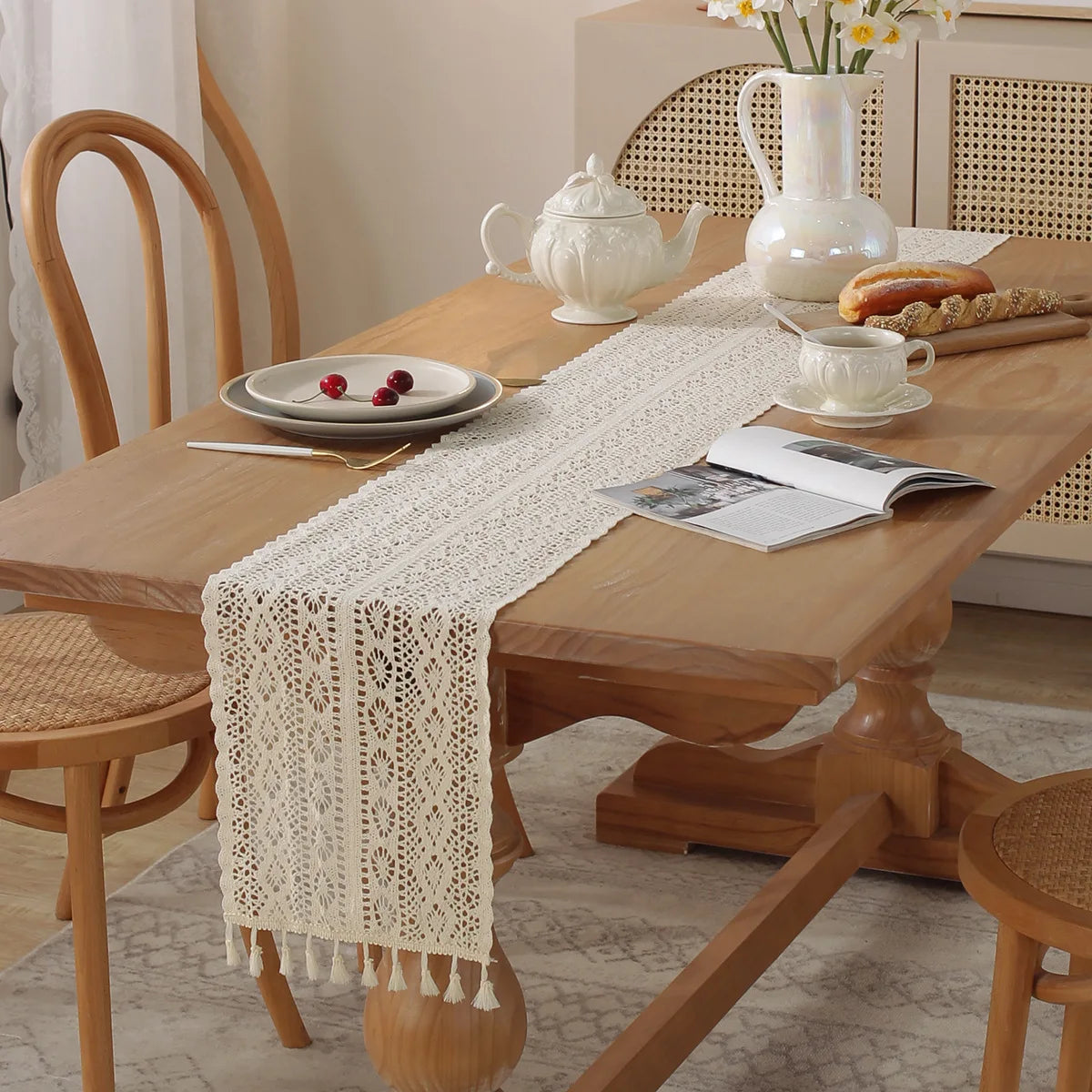 Crochet Lace Table Runner – Beige Christmas Table Decor with Tassels