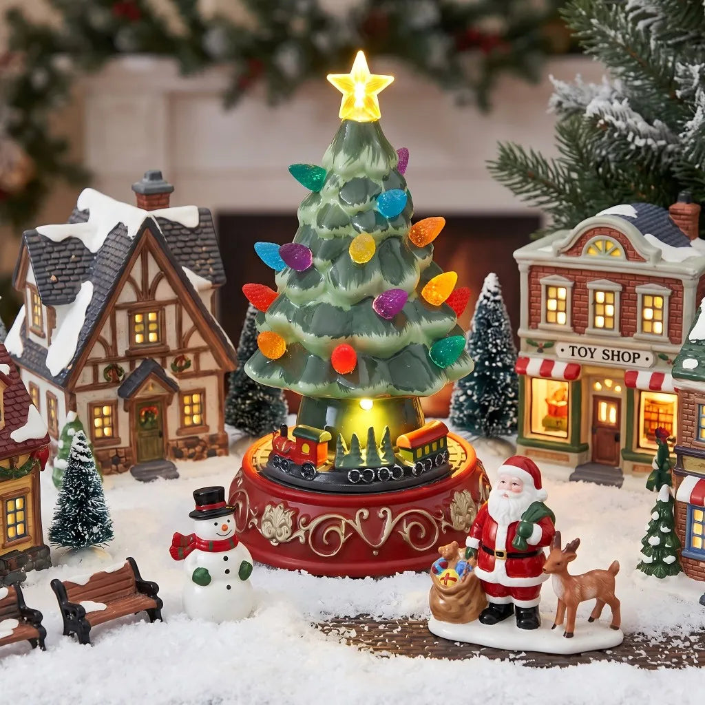 Ceramic Christmas Village Tree – LED Tabletop Holiday Decor
