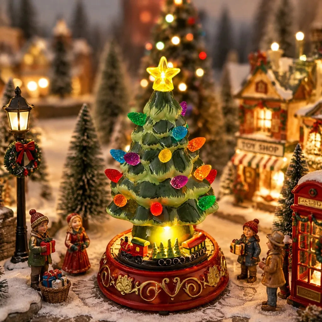 Ceramic Christmas Village Tree – LED Tabletop Holiday Decor