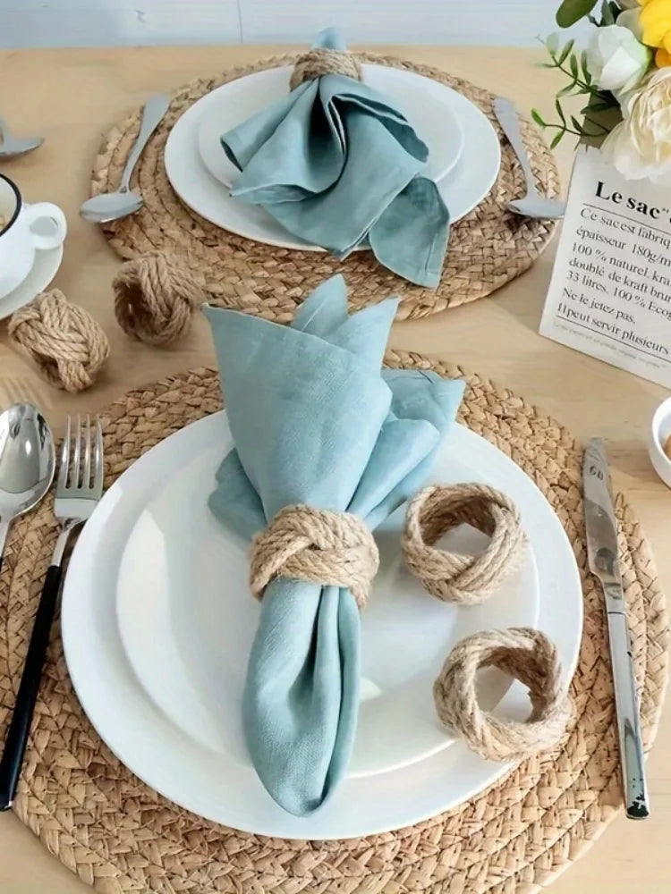 Linen Braided Napkin Rings – Handmade Flower Set of 12