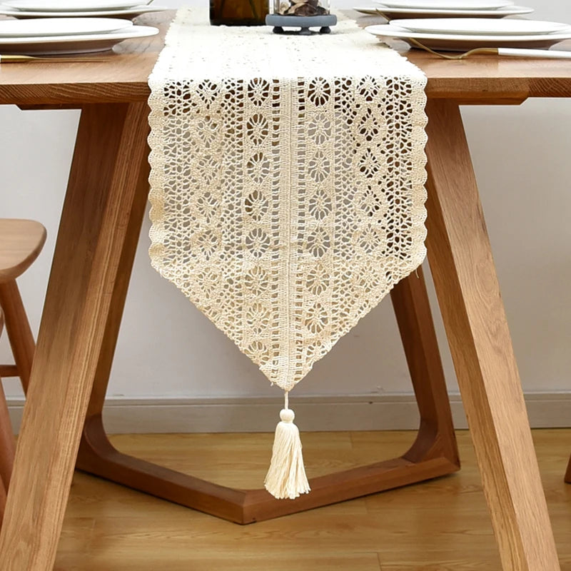 Beige crochet lace table runner with tassels
