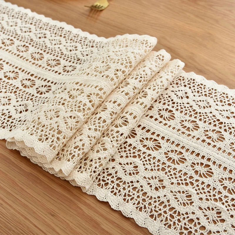 Crochet Lace Table Runner – Beige Christmas Table Decor with Tassels