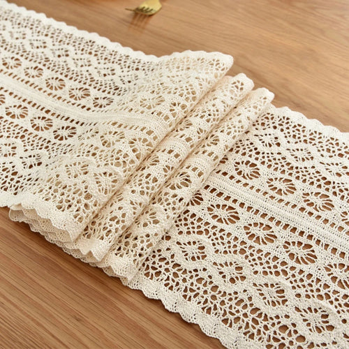 Crochet Lace Table Runner – Beige Christmas Table Decor with Tassels